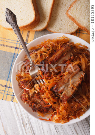 Polish bigos with pork ribs close up top view 18125295