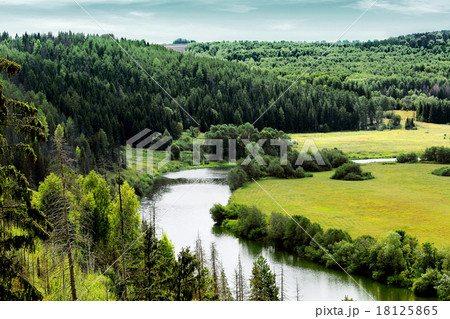 scenery with pine forest, river and fields 18125865