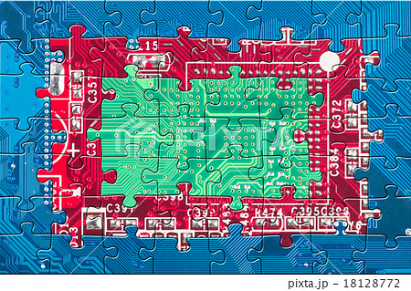 Electronic circuit puzzle background in blue, red Electronic circuit puzzle background in blue, red 18128772