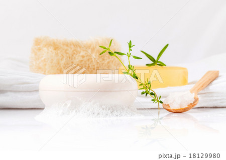 Herbal spa soap bar on white bath towel . Herbal spa soap bar on white bath towel . 18129980