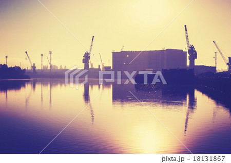 Vintage toned harbor at sunset, Szczecin in Poland 18131867