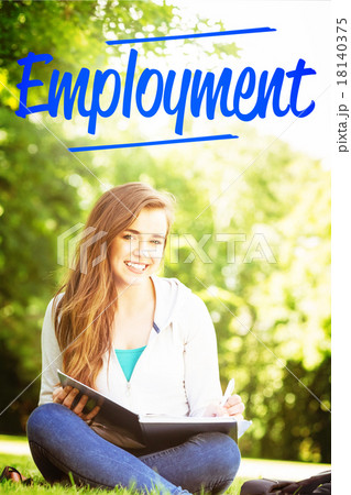 Employment against smiling university student sitting and writin Employment against smiling university student sitting and writin 18140375