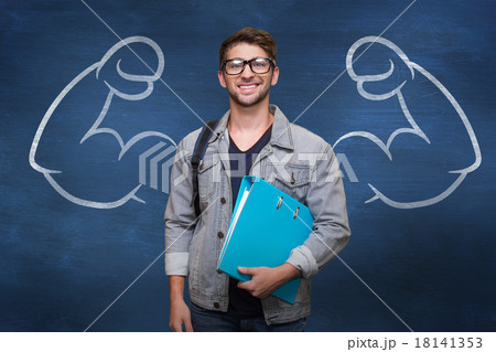 Composite image of student smiling at camera in library 18141353