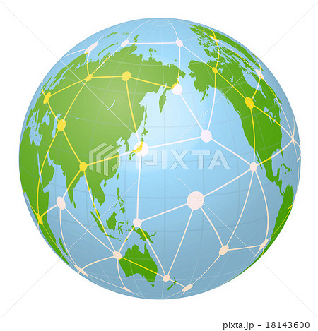 世界全体が見える架空の地球イラストとネットワークイメージのイラスト素材
