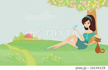 Beautiful girl and her cat on rural landscape Beautiful girl and her cat on rural landscape 18144128