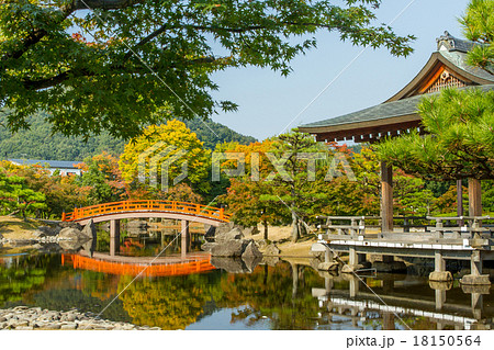 紅葉の太鼓橋と水鏡 18150564