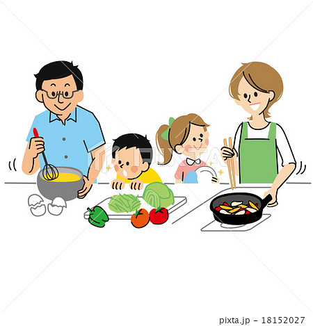 料理をする4人家族のイラスト素材