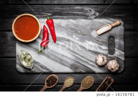 Marble board with different spices Marble board with different spices 18156781
