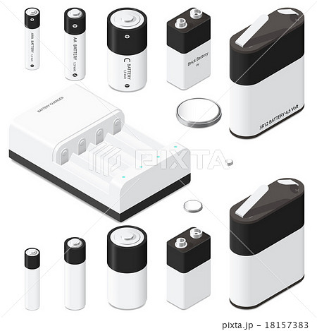 Battery and battery charger isometric icon set Battery and battery charger isometric icon set 18157383