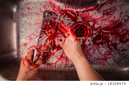 Hand hold bloody knife in a steel shell for halloween 18169474