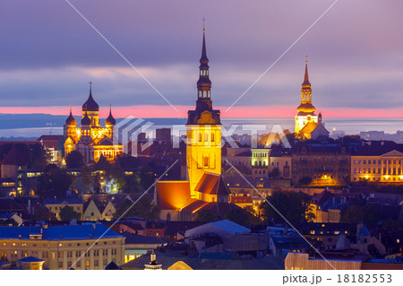 Aerial view old town at sunset, Tallinn, Estonia Aerial view old town at sunset, Tallinn, Estonia 18182553