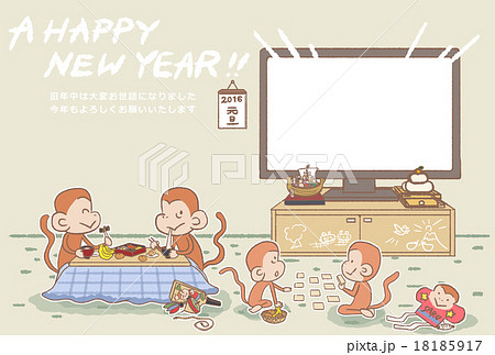 年賀用フォトフレーム さるの団らん 英語 のイラスト素材