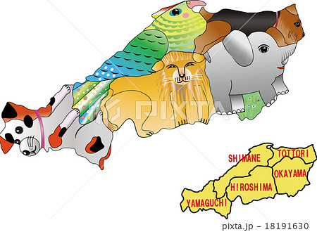 地図の動物 中国地方5県 合体版のイラスト素材