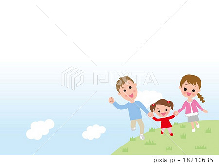 家族 笑顔 三人 女の子 走る 野原 横画面のイラスト素材