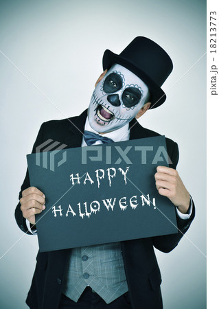 man calavera makeup signboard text happy halloween man calavera makeup signboard text happy halloween 18213773