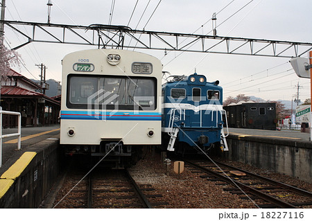 長瀞駅に停車中の秩父鉄道1000系電車と貨物列車 18227116