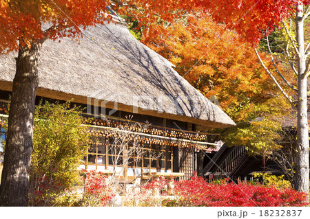 紅葉と茅葺屋根 18232837