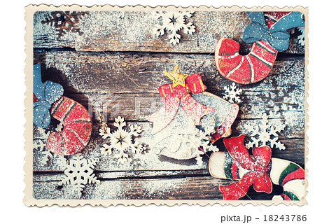 Retro Card. Christmas Fir Tree Toys on Wooden Desk Retro Card. Christmas Fir Tree Toys on Wooden Desk 18243786