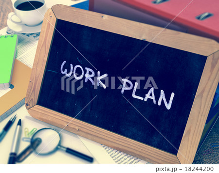Hand Drawn Work Plan Concept on Small Chalkboard. 18244200