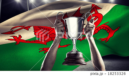 Composite image of successful rugby player holding trophy 18253326