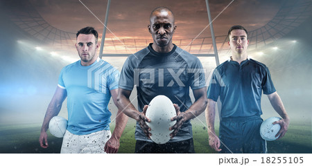 Composite image of rugby player holding a rugby ball Composite image of rugby player holding a rugby ball 18255105