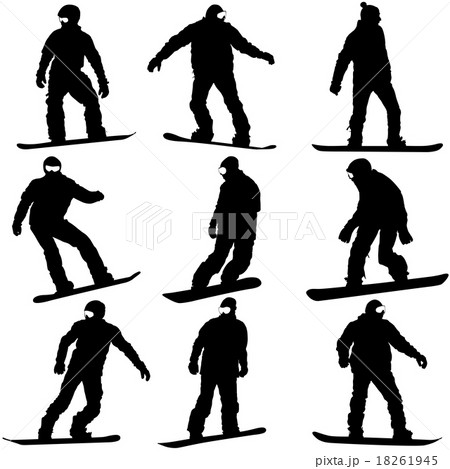 Black silhouettes set snowboarders on white . 18261945