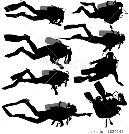 Set black silhouette scuba divers. Vector . 18262444