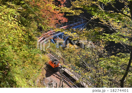 後曳橋を渡る黒部峡谷鉄道のトロッコ電車 18274401