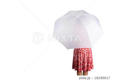 Woman taking umbrella turn back walking  18280017