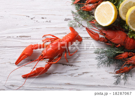 boiled crawfish on the table close-up top view boiled crawfish on the table close-up top view 18287067