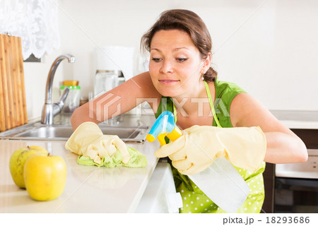 Housewife cleaning furniture in kitchen Housewife cleaning furniture in kitchen 18293686
