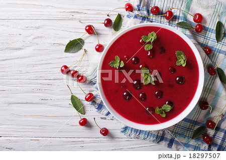 Hungarian cold cherry soup on the table top view Hungarian cold cherry soup on the table top view 18297507