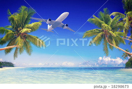 Airplane Flying Over Tropical Beach Travel Concept Airplane Flying Over Tropical Beach Travel Concept 18298673