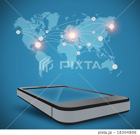Telephone and world map with dots location cities 18304806