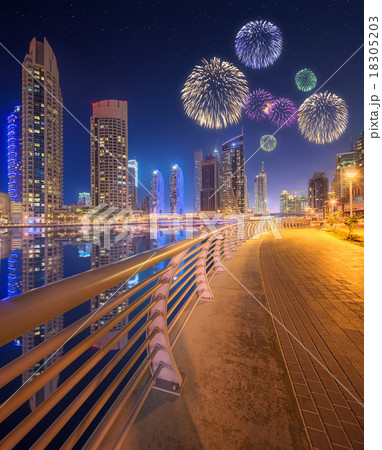Beautiful fireworks in Dubai marina. UAE Beautiful fireworks in Dubai marina. UAE 18305203