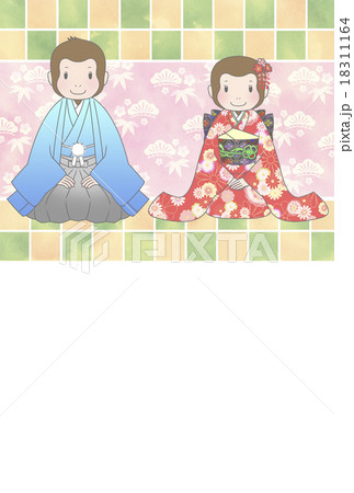 申年年賀状　和服のサルのカップル 18311164