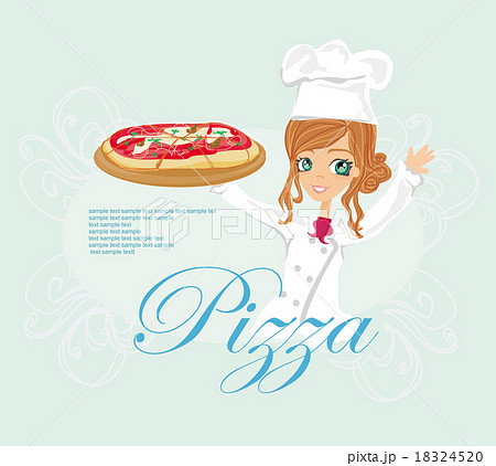 beautiful young woman chef enjoys pizza - menu 18324520