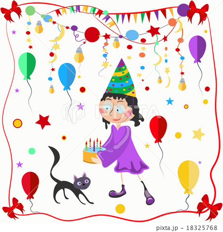 Girl and cat celebration balloons, bows Girl and cat celebration balloons, bows 18325768