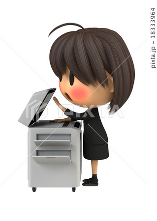 コピー機を使う赤面した女性スタッフのイラスト素材