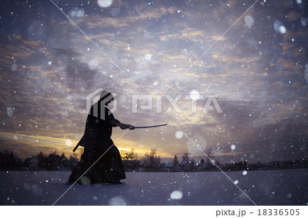 Black oriental martial arts warrior winter training 18336505