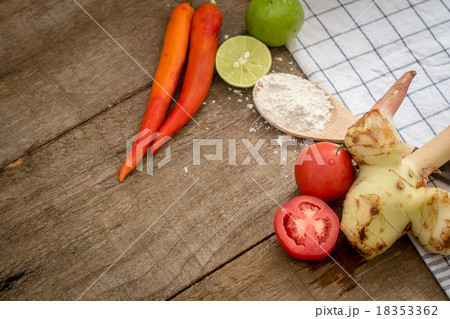 Set ingredient of spicy soup on wooden table Set ingredient of spicy soup on wooden table 18353362