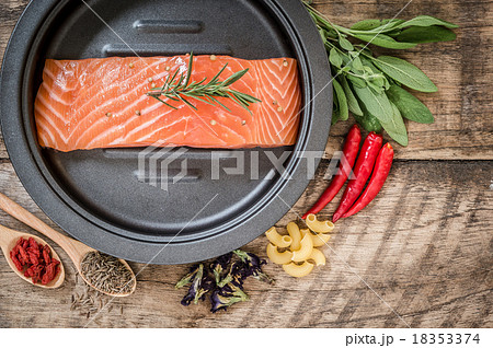 fresh raw salmon and ingredient on wooden board 18353374