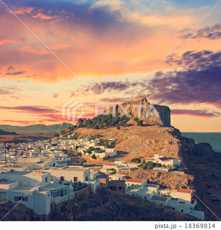 angle view of Lindos, Rhodes Island, vintage look 18369814
