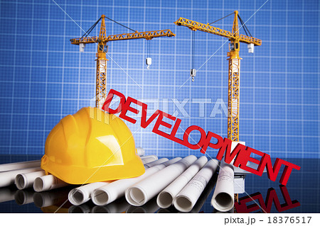 Crane, Safety helmet, Blueprints and construction  18376517