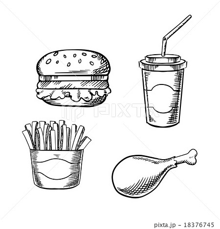 Burger, french fries, chicken leg and soda cup 18376745