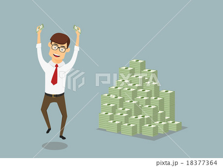 Businessman with huge pile of dollar packs 18377364