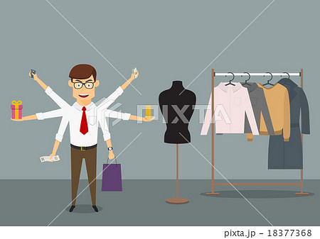 Multitasking businessman shopping in clothes store Multitasking businessman shopping in clothes store 18377368
