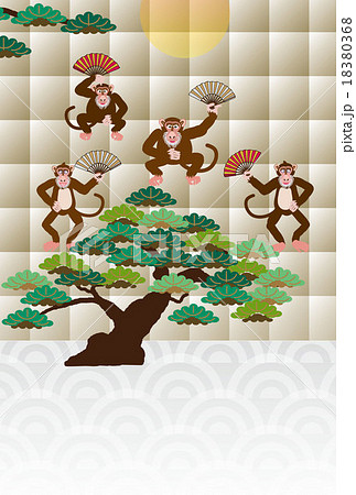 踊るサルと松の木の和風モダンなイラスト年賀状デザインのイラスト素材