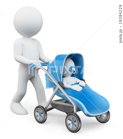 3D white people. Man pushing a baby stroller 18384229