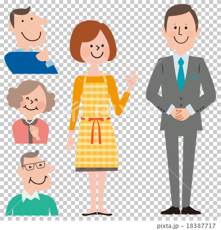 スマートなスーツの男性と女性と笑顔の家族5人セットのイラスト素材